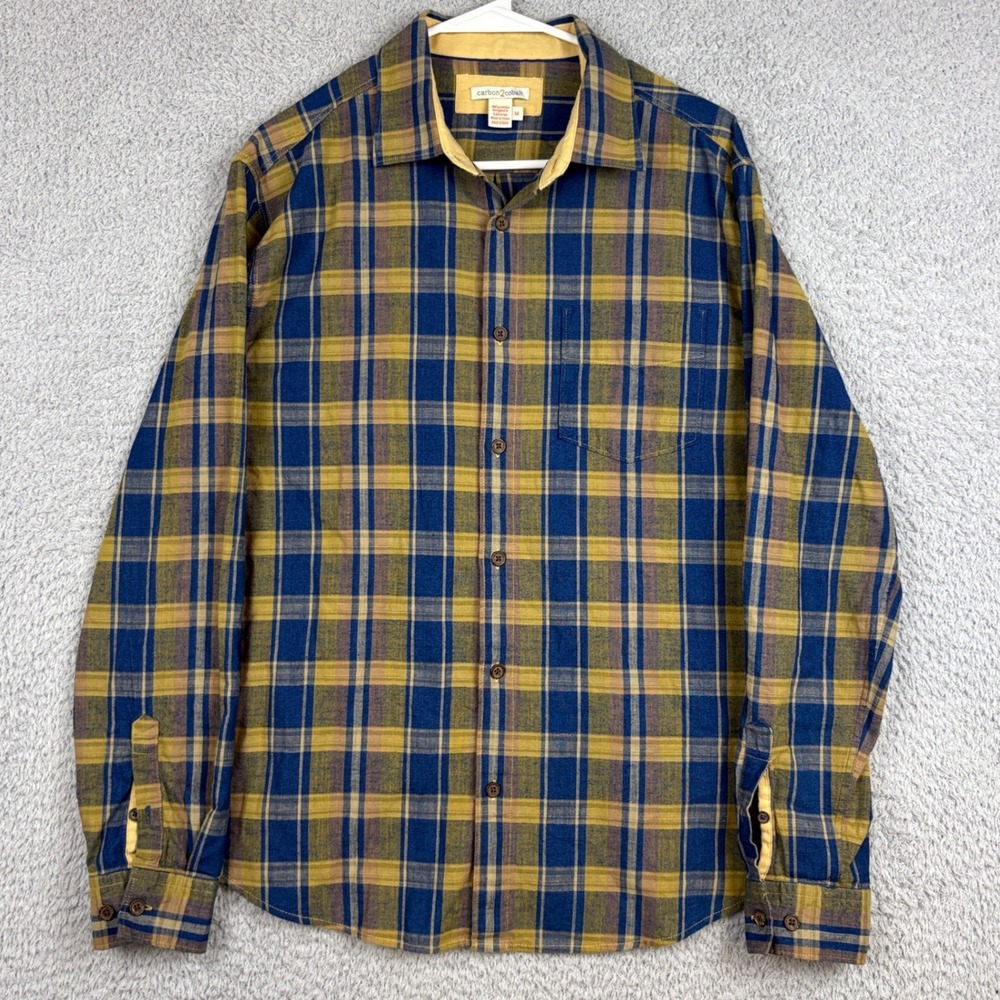 Carbon 2 Cobalt Shirt Mens Medium Blue Yellow Plaid Flannel Button Down Casual